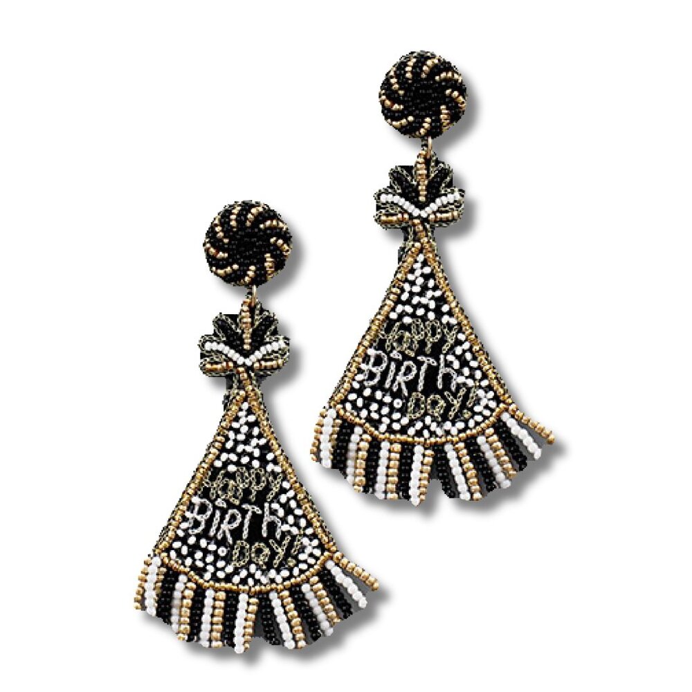 Black White HAPPY BIRTHDAY HAT Celebration Beaded Gift Earrings NEW